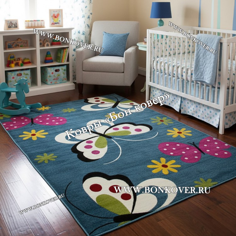 Детский Ковер с Бабочками Синий Дизайн 30008